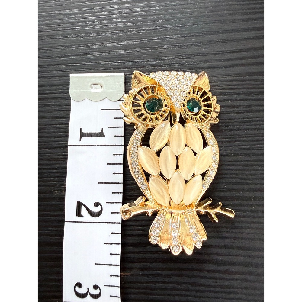 Owl Brooch Women OS Gold Tone Rhinestone Faux Moonstone Green Eyes